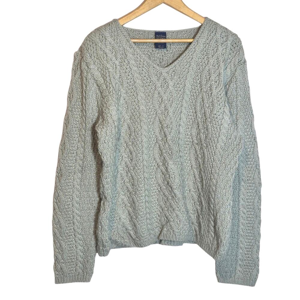 Paul James Women's 100% Wool V-Neck Cable Knit Sweater Sage Green England Large